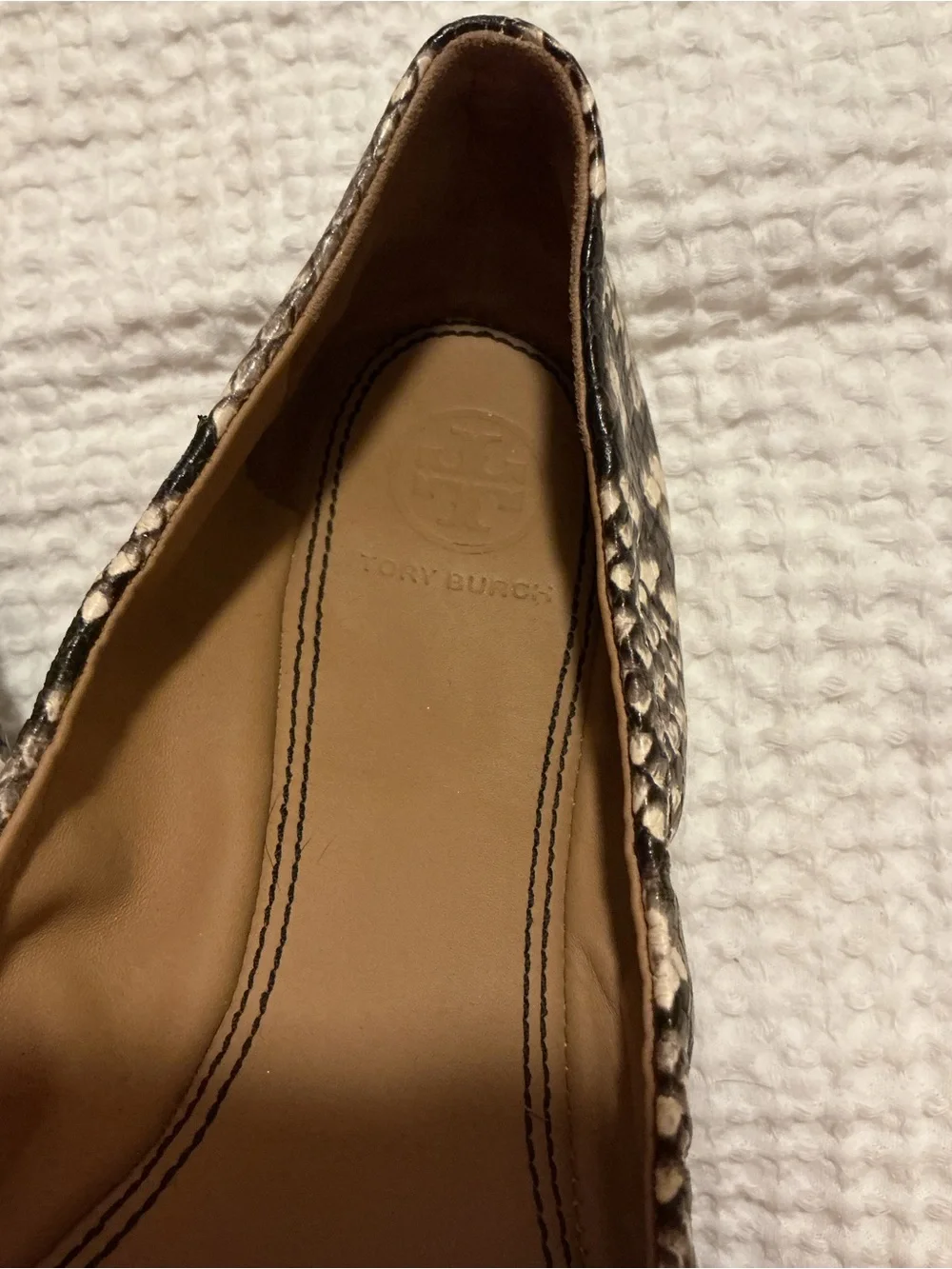 Tory Burch Chelsea / Minnie Cap-Toe Ballet Flats in a snake-print pattern